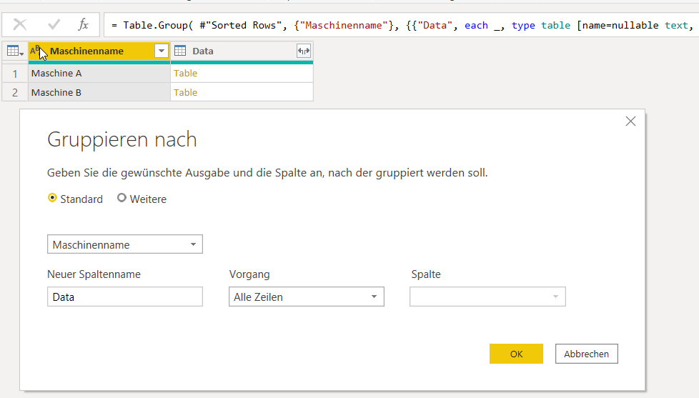 Gruppierung einer Tabelle in Power BI