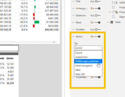 Einer Schaltfläche in Power BI wird die Aktion "Drillthrough ausführen" zugewiesen.