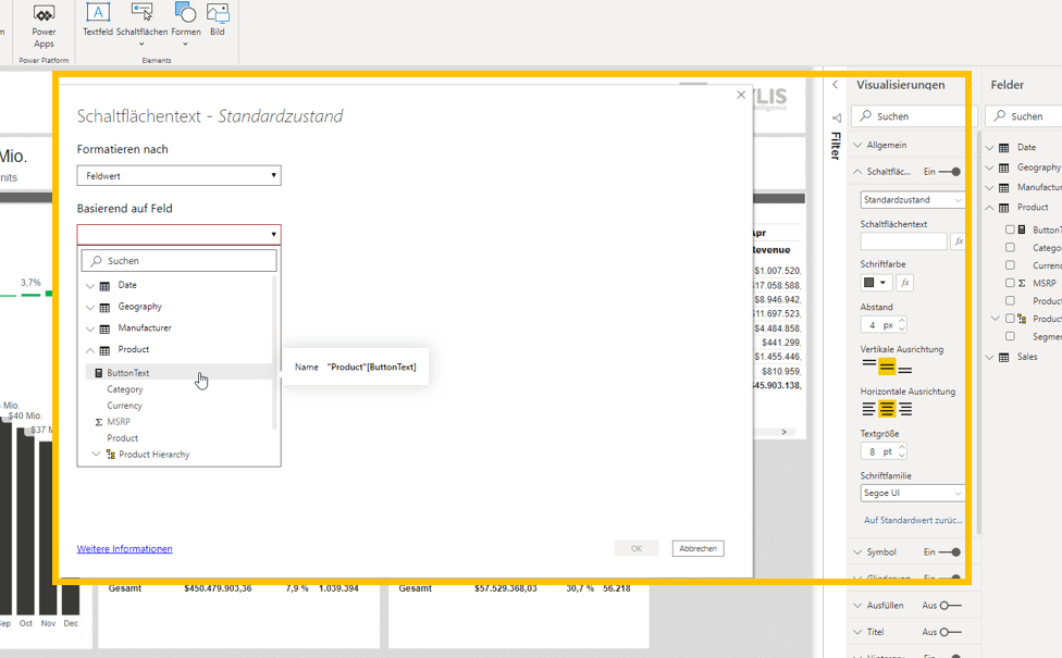 Zuweisen eines Schaltflächentextes in Power BI