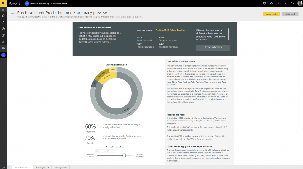 Bericht für AutoML in Power BI