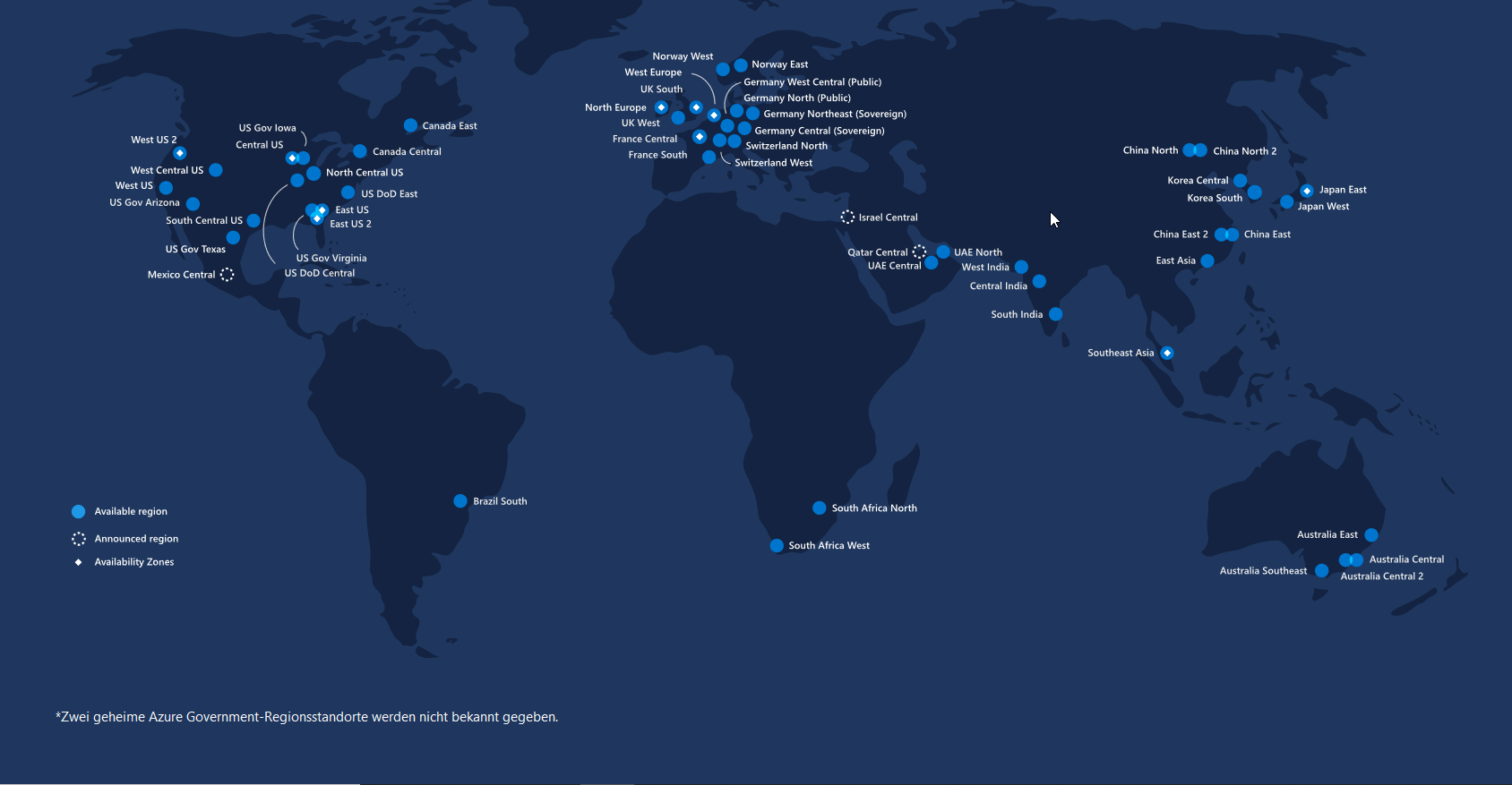 Übersichtskarte mit allen Azure-Regionen