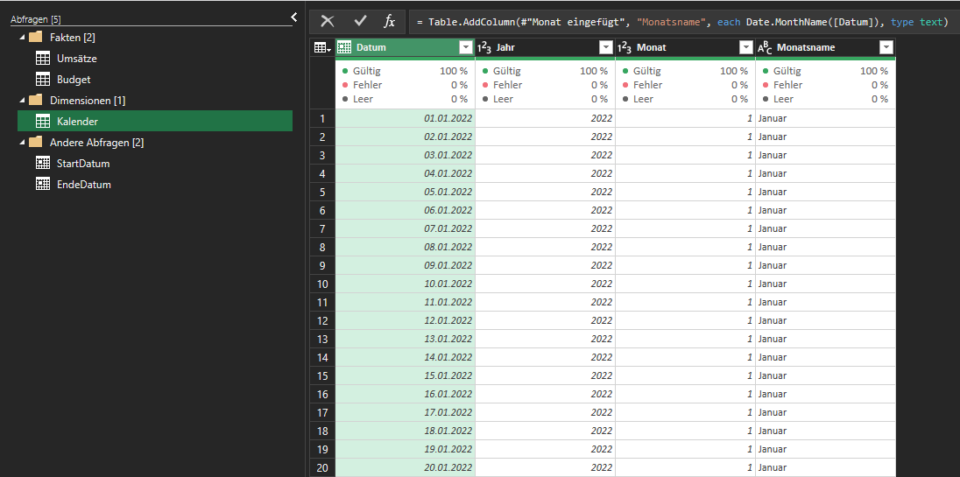 Power BI Datumstabelle mit ergänzenden Spalten