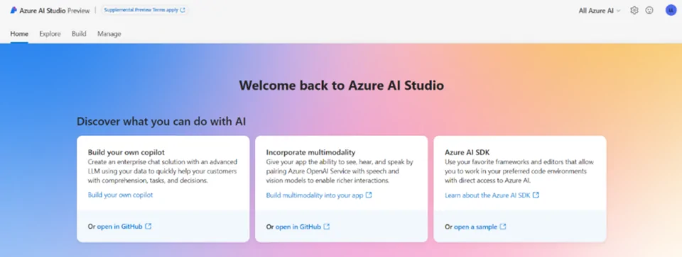 Startoberfläche des Azure AI Studios